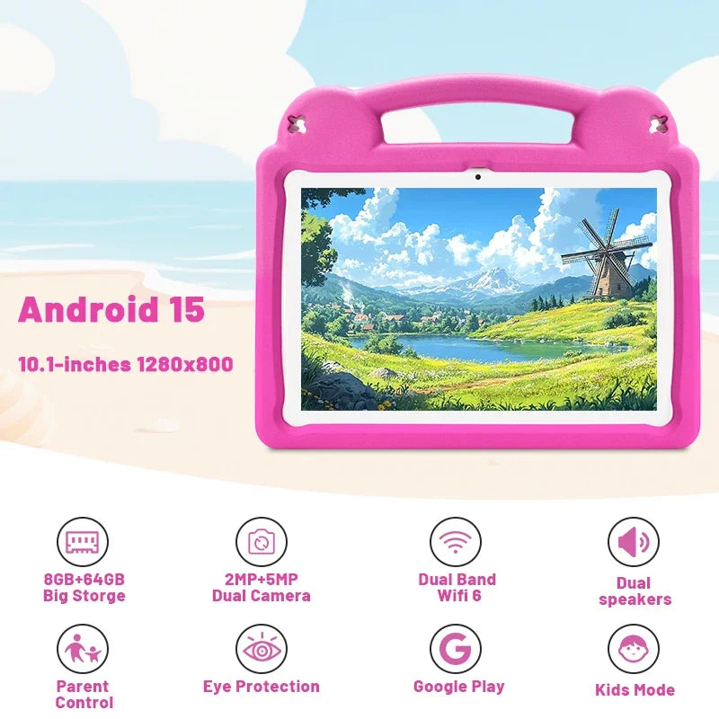 Android 15 Kids Tablet, 10.1inch Tablet for Kids, 8GB RAM 64GB ROM Toddler Tableta with Case, 5000mAh Octa-core Children Tableta
