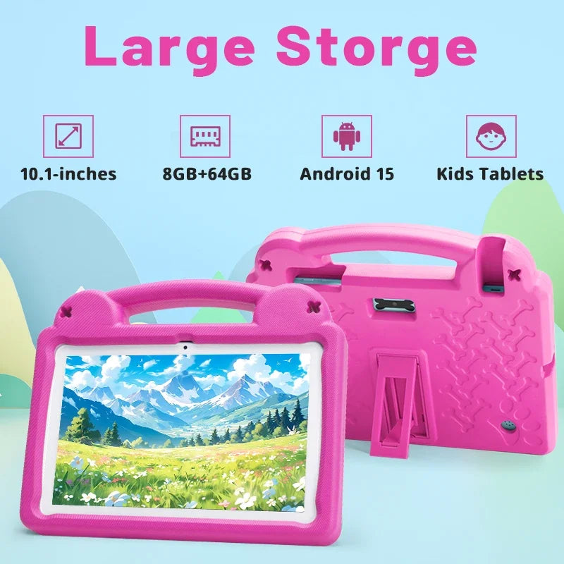 Android 15 Kids Tablet, 10.1inch Tablet for Kids, 8GB RAM 64GB ROM Toddler Tableta with Case, 5000mAh Octa-core Children Tableta